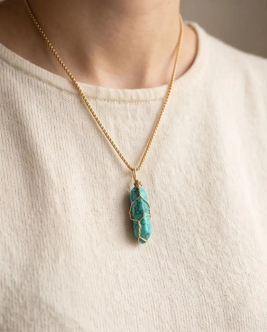Wire-Wrapped Turquoise Howlite Crystal Point Pendant Box Chain