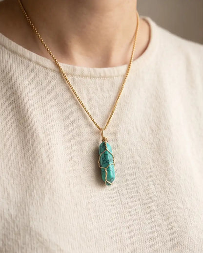 Wire-Wrapped Turquoise Howlite Crystal Point Pendant Box Chain