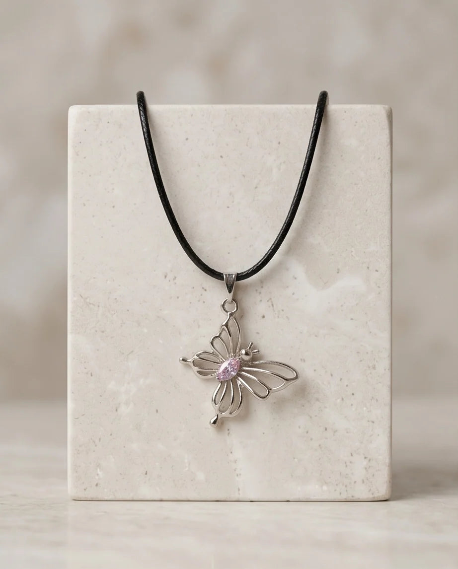 Openwork Butterfly Gemstone Cord Necklace