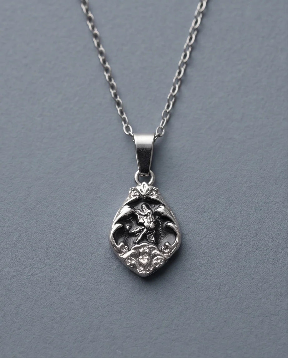 Silver Vintage Cherub Black Enamel Teardrop Pendant Necklace