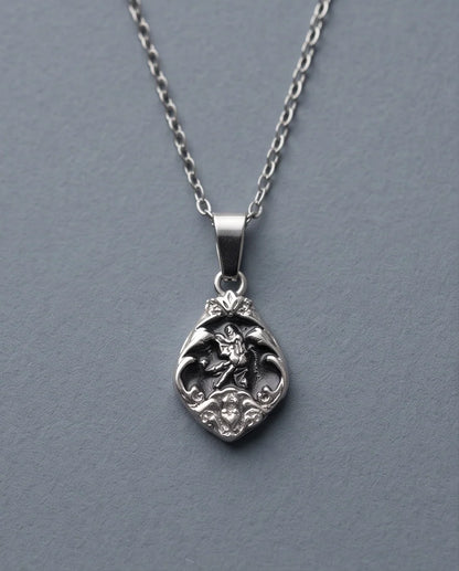 Silver Vintage Cherub Black Enamel Teardrop Pendant Necklace
