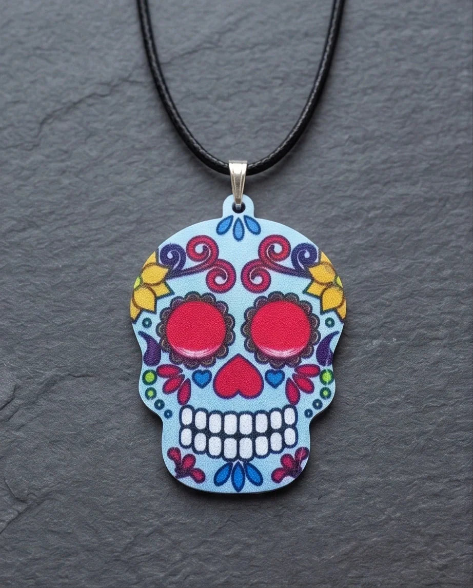Vibrant Light Blue Sugar Skull Día de los Muertos Pendant Necklace