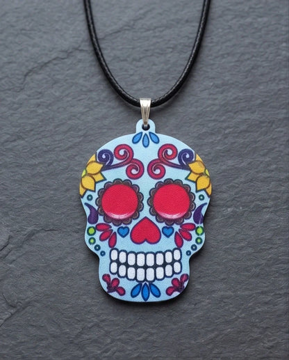 Vibrant Light Blue Sugar Skull Día de los Muertos Pendant Necklace