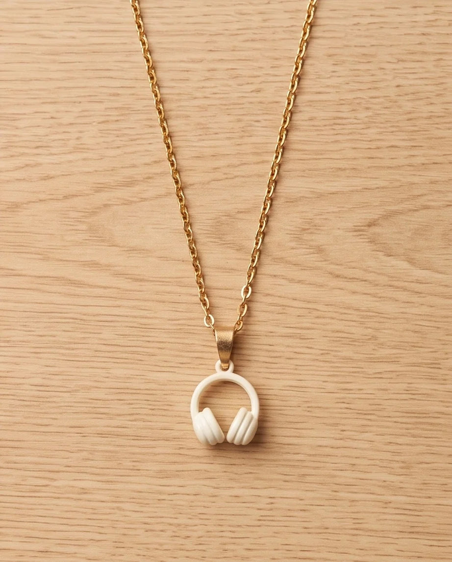 Cream White Headphones Enamel Pendant Necklace