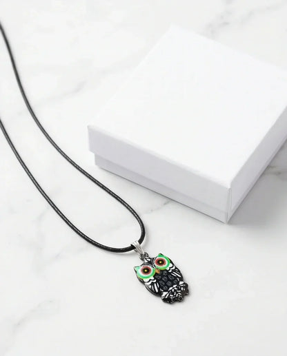 Mystic Green-Eyed Tribal Owl Pendant Necklace