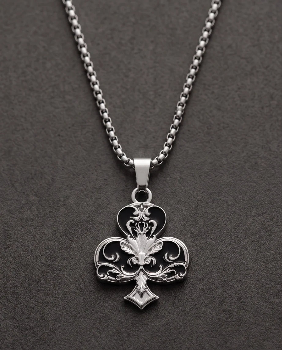 Silver Filigree Ace of Clubs Pendant Necklace