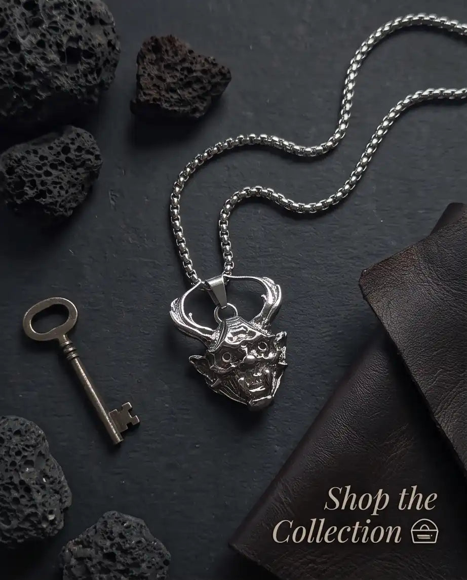 Antiqued Horned Oni Demon Mask Pendant Box Chain
