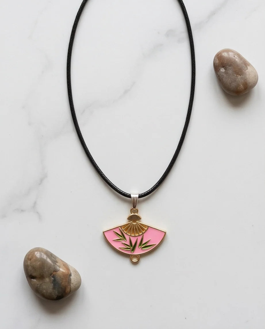 Pink Enamel Bamboo Fan Pendant Necklace