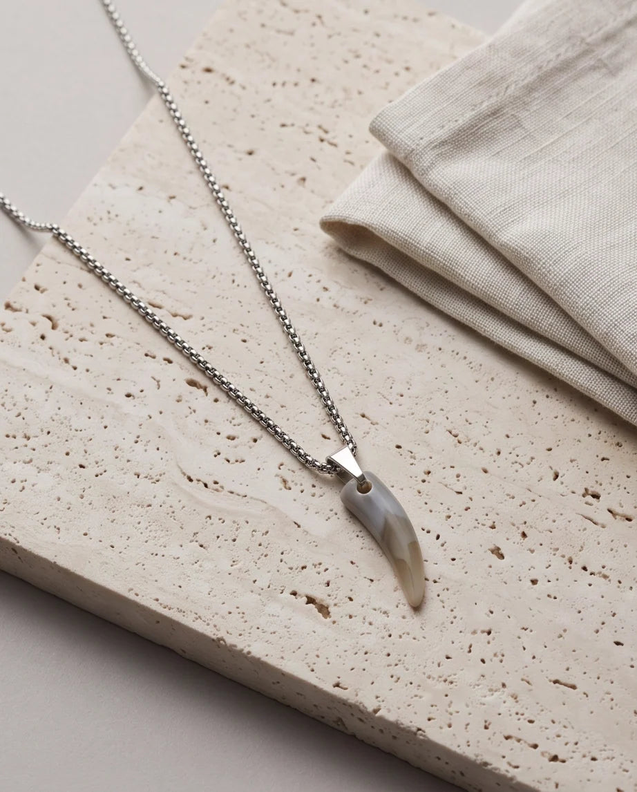 Silver Agate Tooth Pendant Chain Necklace
