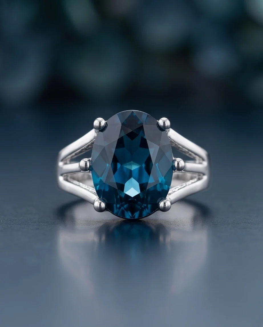 Silver Oval Sapphire Gemstone Solitaire Ring