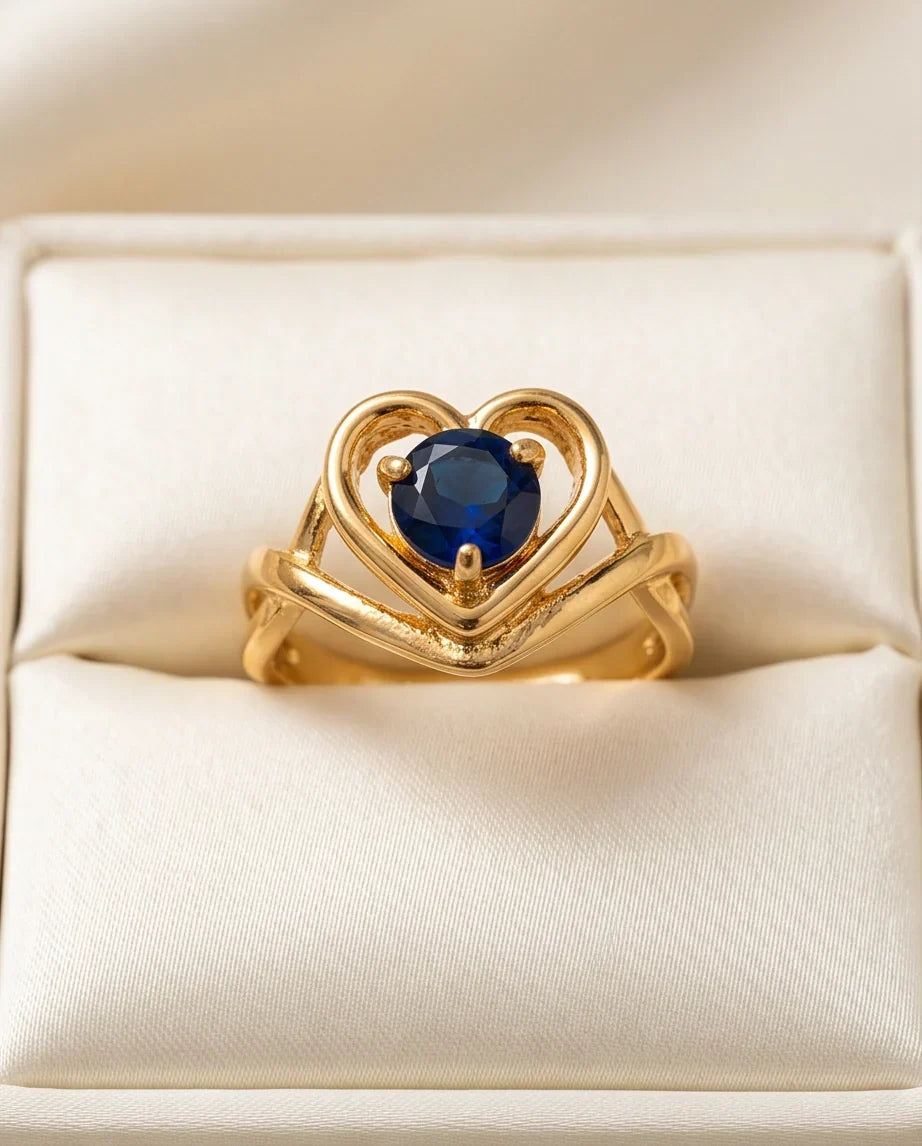 Gold Sapphire Heart-Shaped Openwork Ring