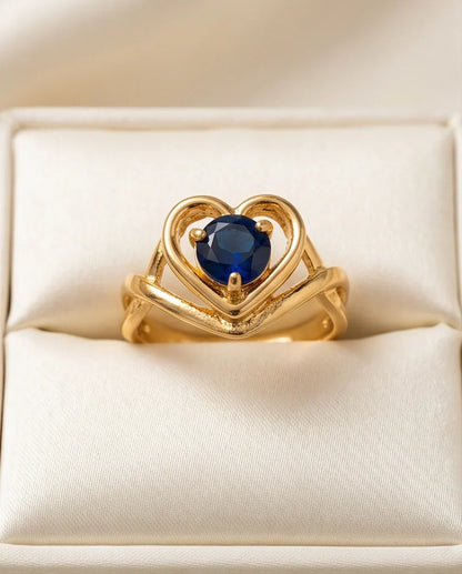 Gold Sapphire Heart-Shaped Openwork Ring