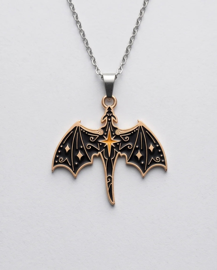 Gold Celestial Bat Enamel Pendant Necklace