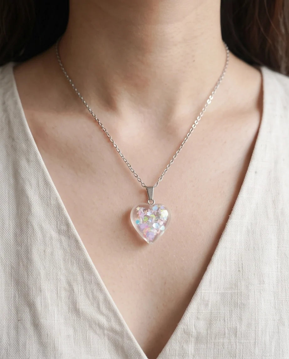 Silver Iridescent Confetti Clear Heart Resin Pendant Necklace