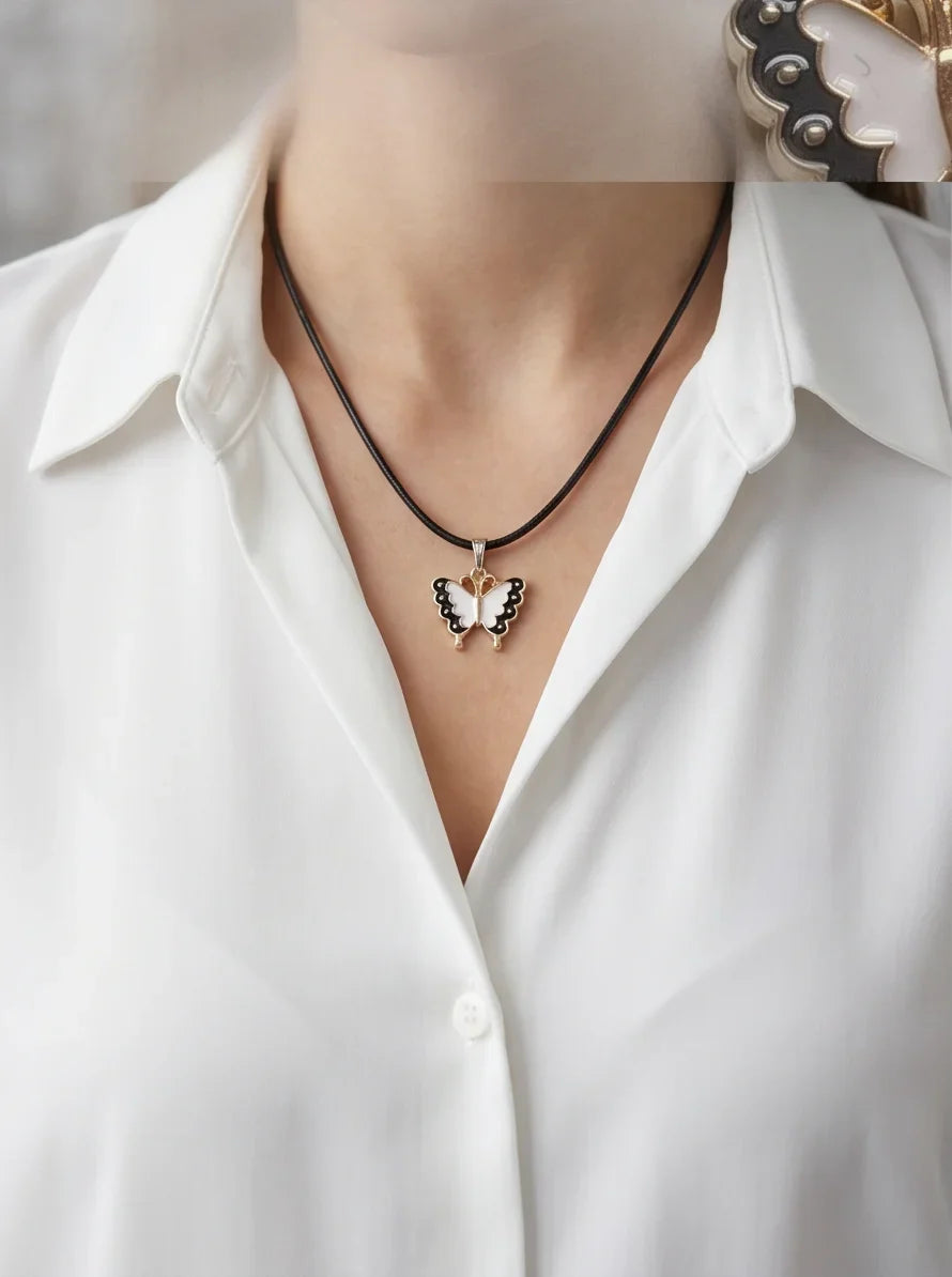 Black & White Enamel Butterfly Pendant Necklace