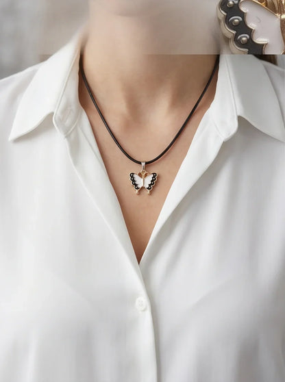 Black & White Enamel Butterfly Pendant Necklace