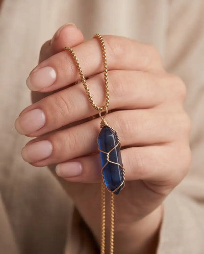 Wire-Wrapped Deep Blue Crystal Point Pendant Box Chain