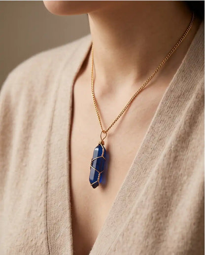 Wire-Wrapped Deep Blue Crystal Point Pendant Box Chain