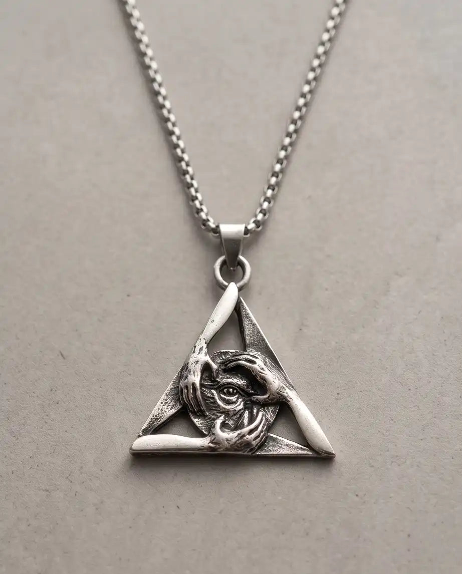 Gothic Triangle Creepy Hands Eye Pendant Box Chain