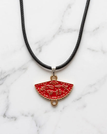 Crimson Calligraphy Fan Pendant Necklace