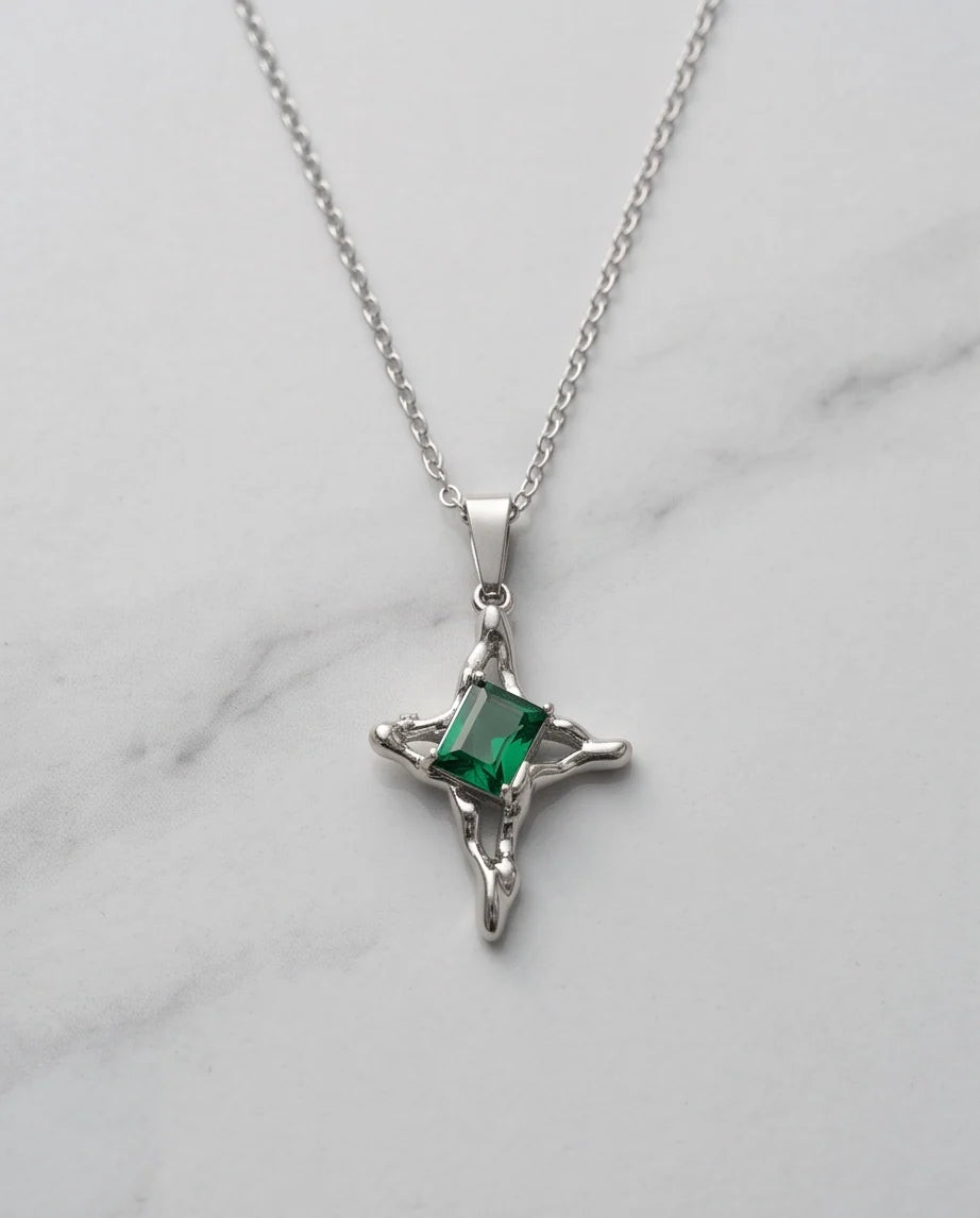 Silver Emerald Gemstone Gothic Cross Pendant Necklace