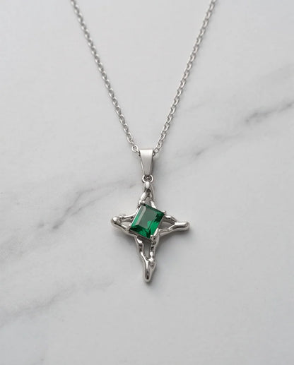 Silver Emerald Gemstone Gothic Cross Pendant Necklace