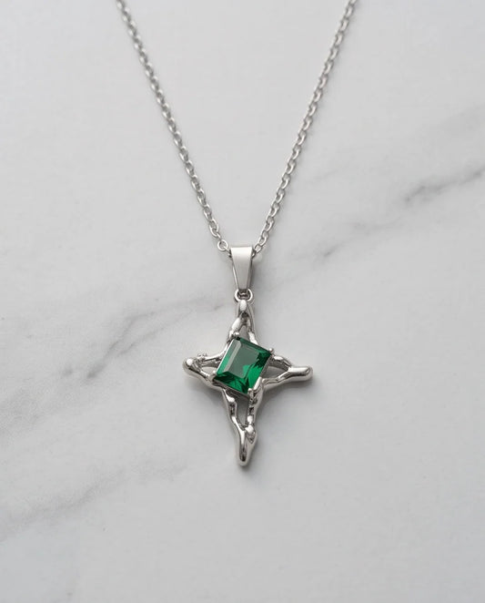 Silver Emerald Gemstone Gothic Cross Pendant Necklace