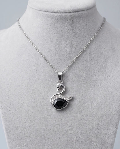 Silver Black Crystal Swan Pendant Necklace