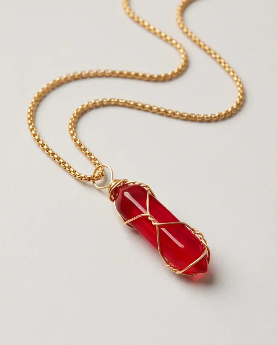 Wire-Wrapped Red Crystal Point Pendant Box Chain