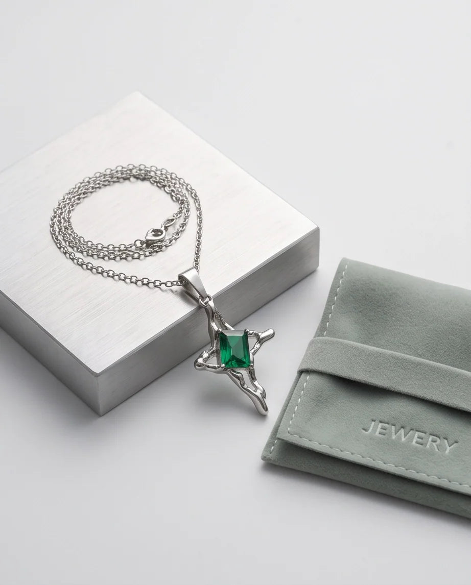 Silver Emerald Gemstone Gothic Cross Pendant Necklace