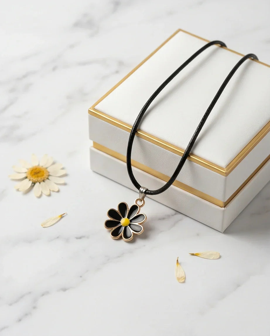 Gold and Black Daisy Pendant Necklace