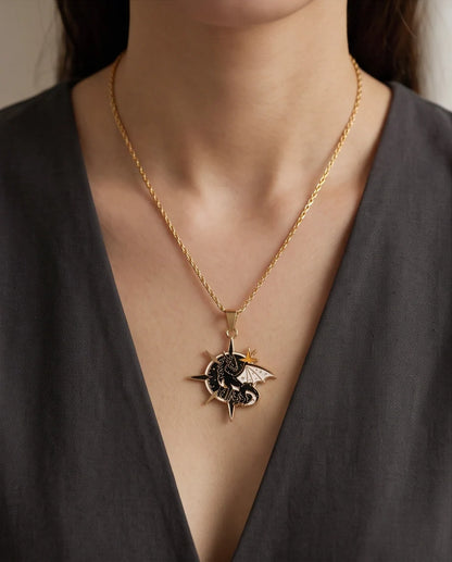 Gold Celestial Compass Dragon Black & White Enamel Pendant Necklace
