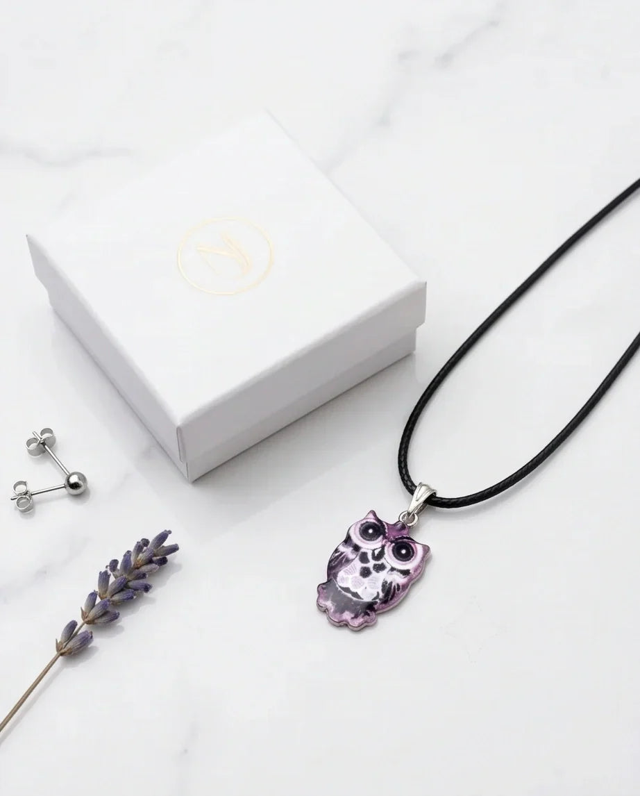 Mystical Purple Watercolor Owl Totem Pendant Necklace