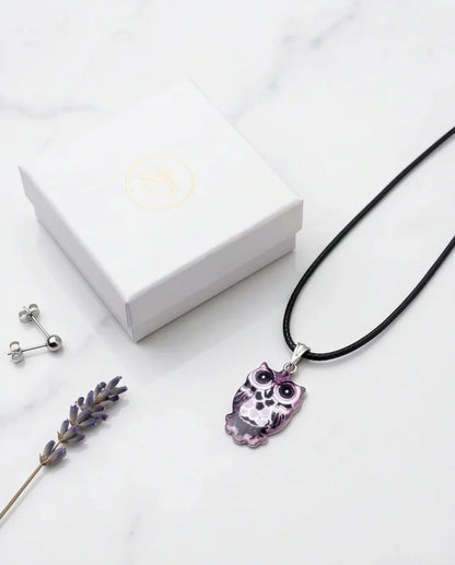 Mystical Purple Watercolor Owl Totem Pendant Necklace