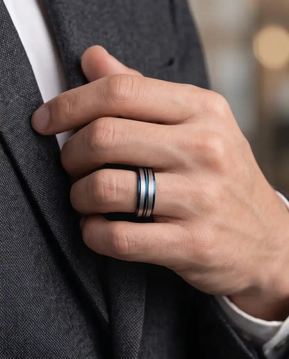 Two-Tone Brushed Silver and Blue Grooved Band Ring