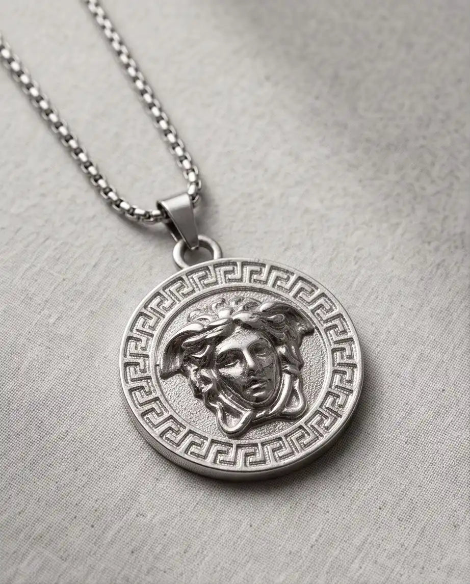 Greek Medusa Gorgon Medallion Pendant Box Chain