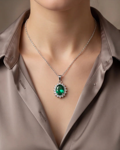 Silver Emerald Green Oval Halo Medallion Pendant Necklace