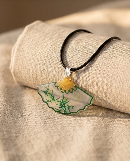 Artistic Green Bamboo Fan Pendant Necklace