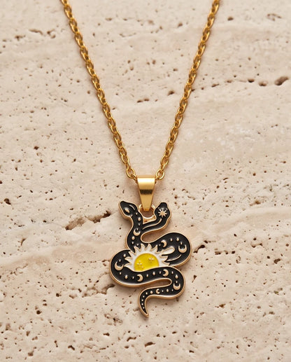 Gold Sunburst Serpent Enamel Pendant Necklace