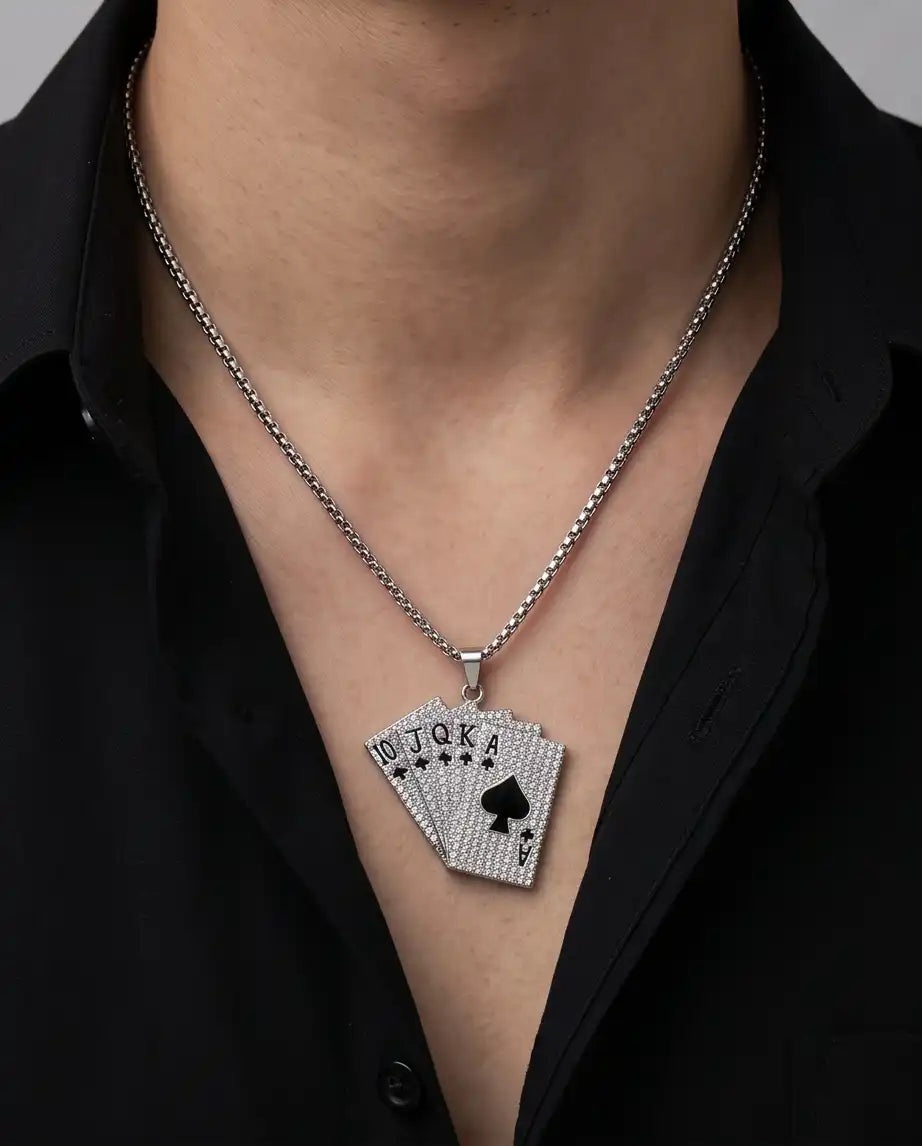Iced Royal Flush Playing Cards Pendant Silver Box Chain Necklace