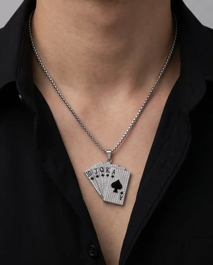 Iced Royal Flush Playing Cards Pendant Silver Box Chain Necklace