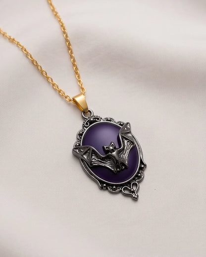 Antique Silver Gothic Bat Purple Enamel Medallion Chain Necklace
