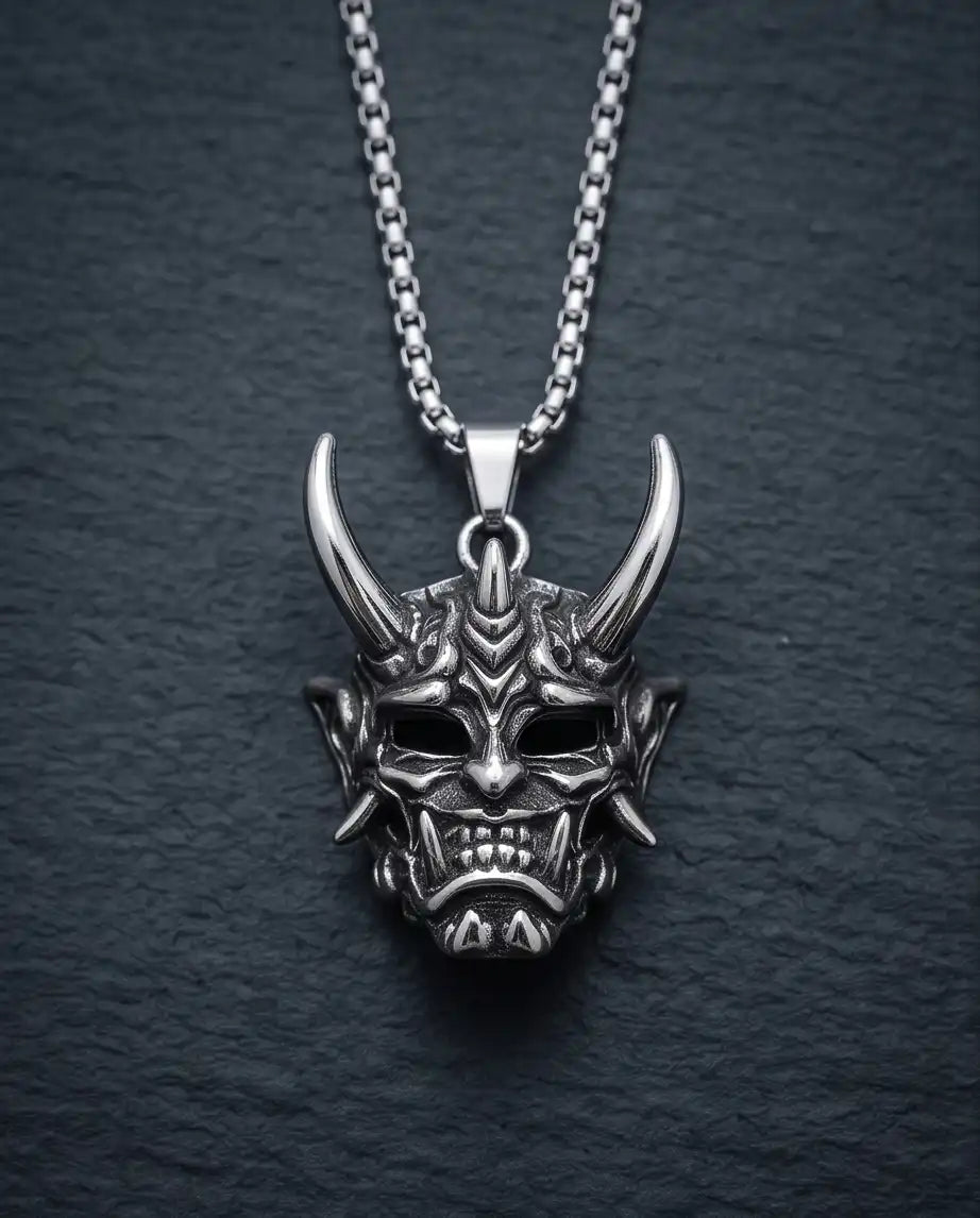 Japanese Horned Oni Mask Pendant Box Chain