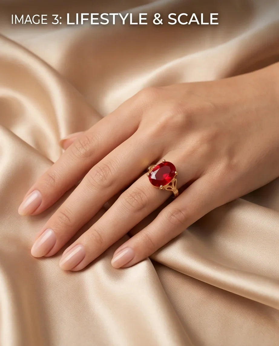 Gold Plated Crimson Ruby Oval Filigree Ring