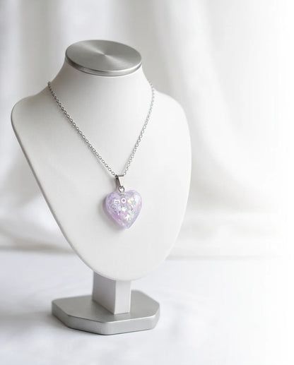 Silver Lavender Glitter Heart Resin Pendant Necklace
