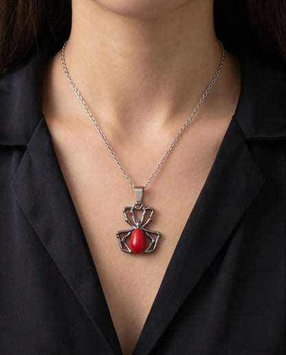 Silver Spider Red Gemstone Pendant Necklace