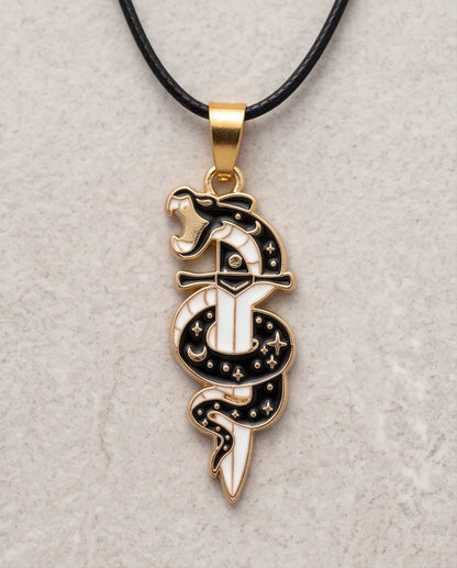 Gold Snake & Dagger Celestial Enamel Pendant Necklace