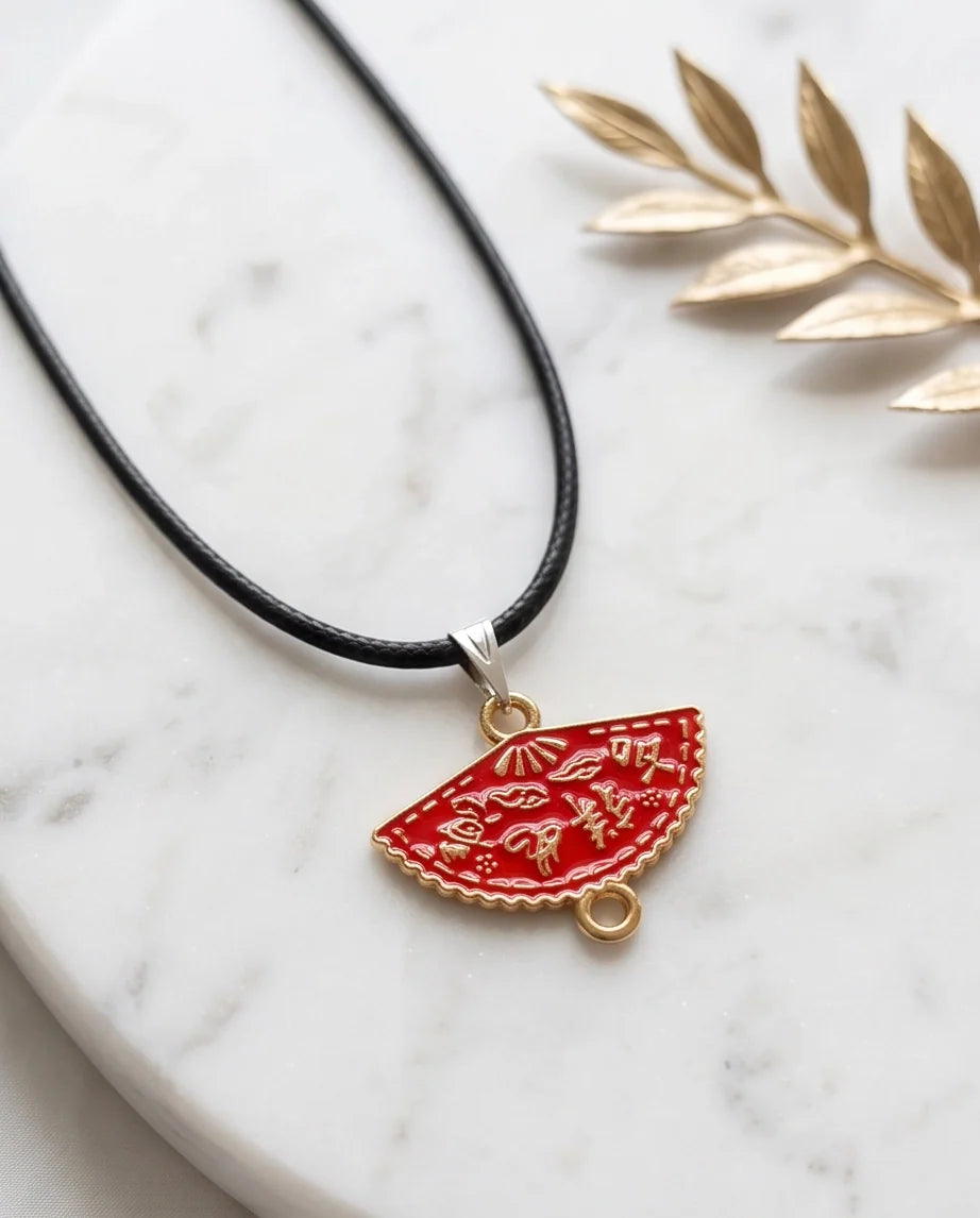 Crimson Calligraphy Fan Pendant Necklace