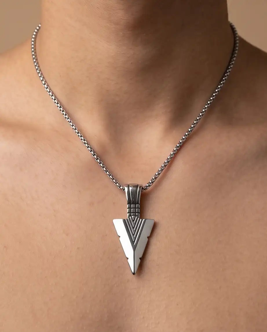 Geometric Arrowhead Pendant Silver Box Chain Necklace