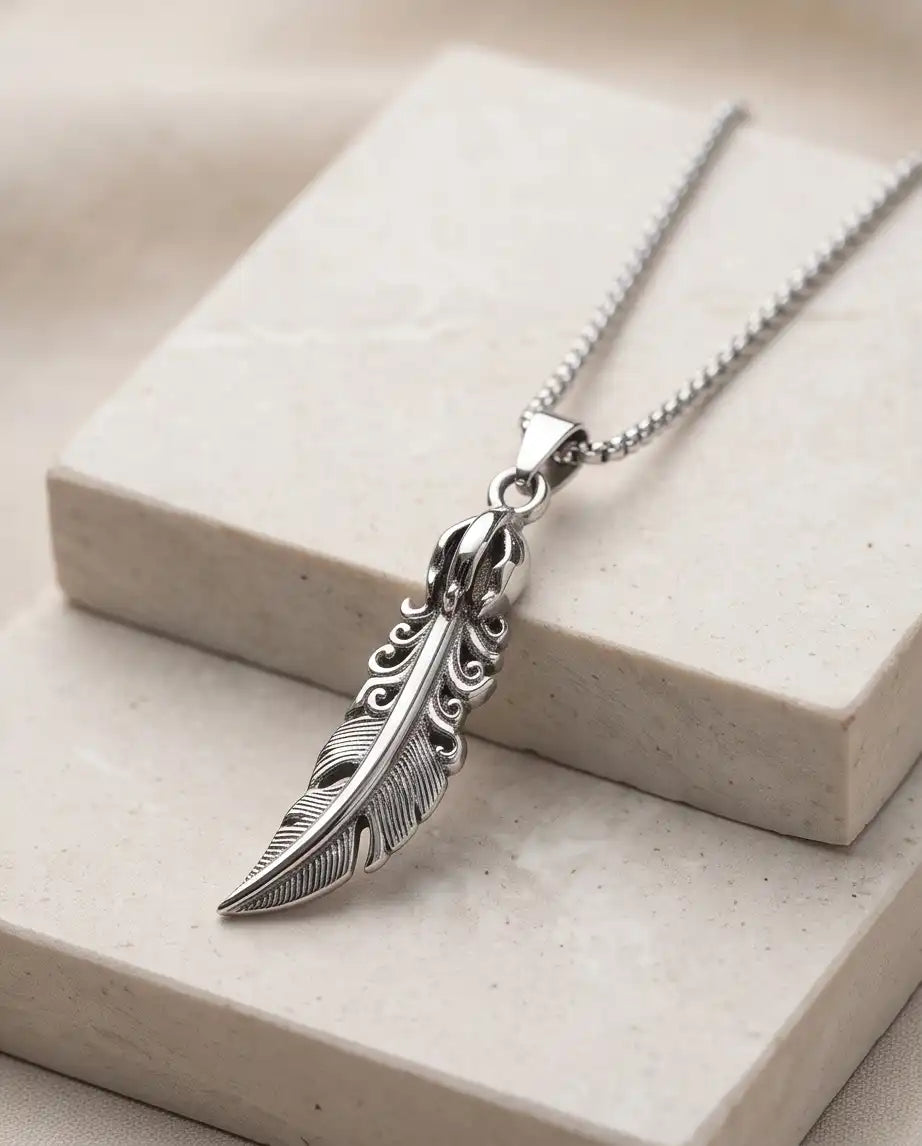 Gothic Filigree Feather Pendant Silver Box Chain Necklace